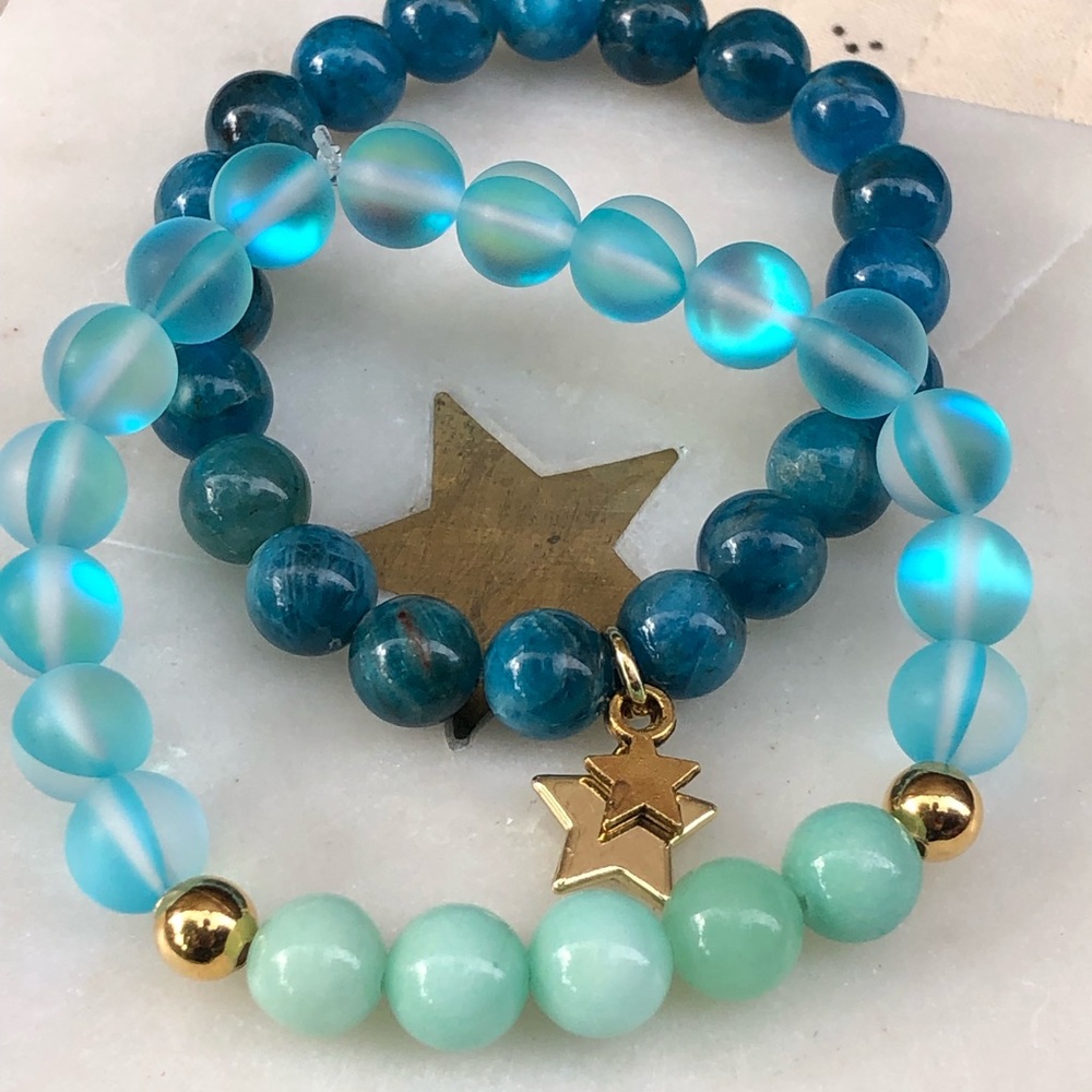 Aqua Aura Quartz Malaysian Jade Mala Bracelet